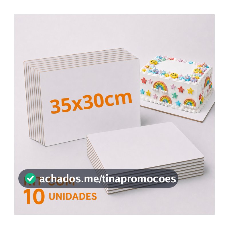 Kit 10 Cake Board MDF 35x30cm Retangular Branco Canto Reto Suporte Tabuleiro Prato para Bolo 3mm