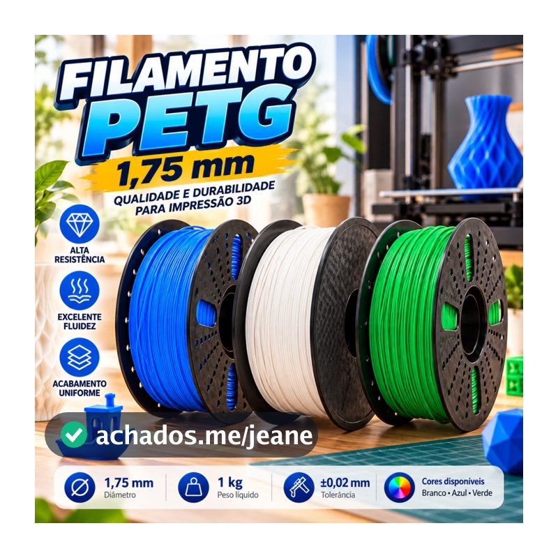 Filamento 3D PETG 1kg 1,75mm para Impressora 3D, Tolerância ±0,02mm, Rolo Branco Azul Verde