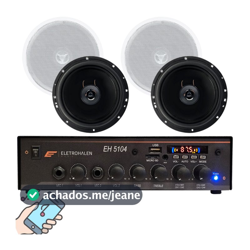 Kit Som Ambiente Bluetooth Amplificador 4 Canais + 4 Arandelas De Teto 6 Pol 70W Alexa Bivolt