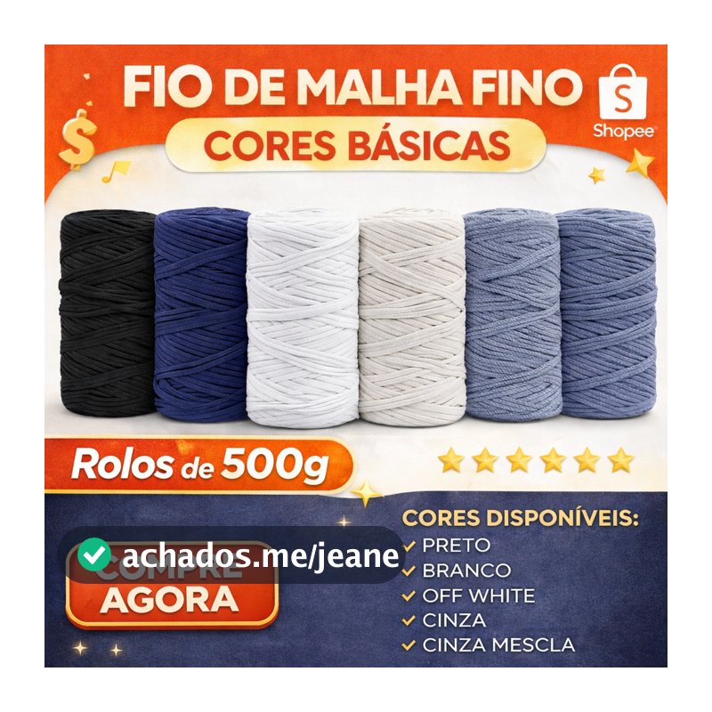 Kit 2 Rolos de 500g Fio de Malha Fino Residual - Preto - Branco - Marinho - Cinza - Cores Básicas Crochê Bolsa Tapete