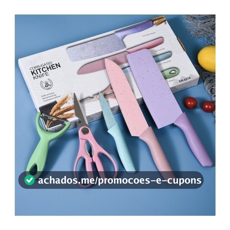 Kit Facas Coloridas Inox 6 Peças Chef Cutelo Faca de Pão Faca de Frutas Descascador Tesoura Cozinha Profissional