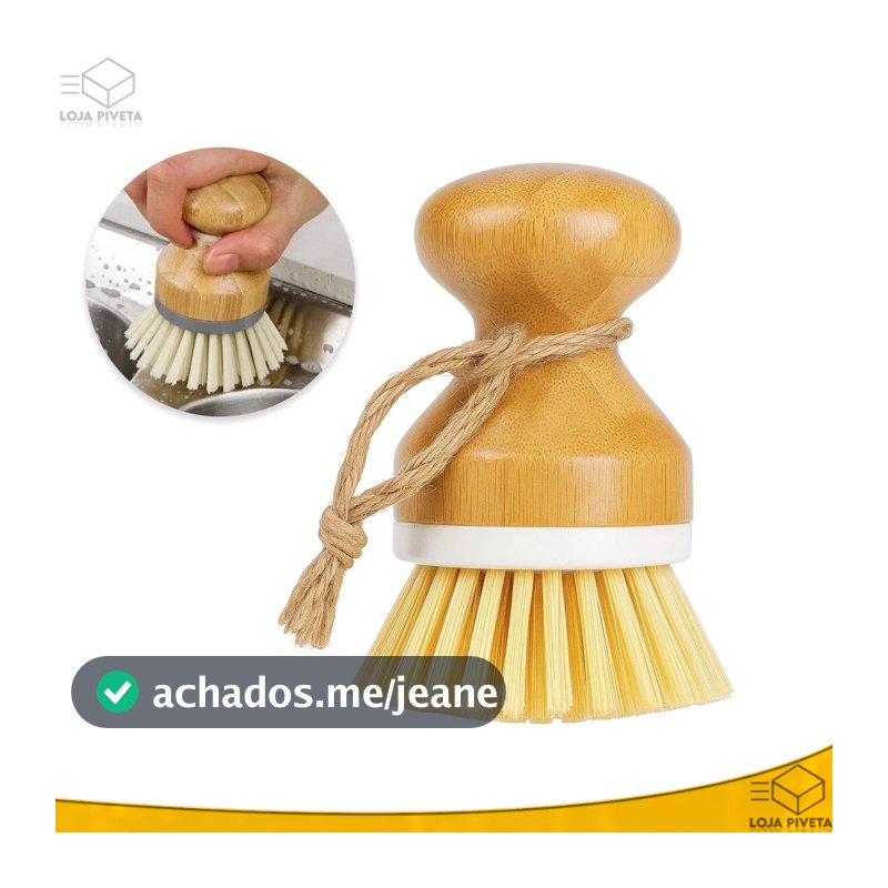 Escova de Mão Compacta Com Cabo Pega de Bambu Redonda Cerdas Resistentes Ecológica