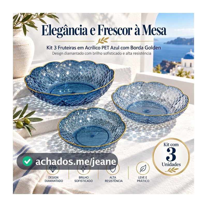 Kit 3 Fruteiras Bandejas Decorativas PET Azul Borda Dourada