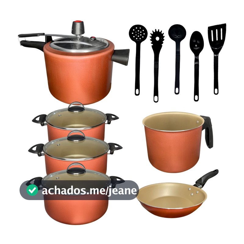 Kit Jogo de Panelas Antiaderente com Panela de Pressão 11 peças com Utensilios Nylon Cor Cereja Gold
