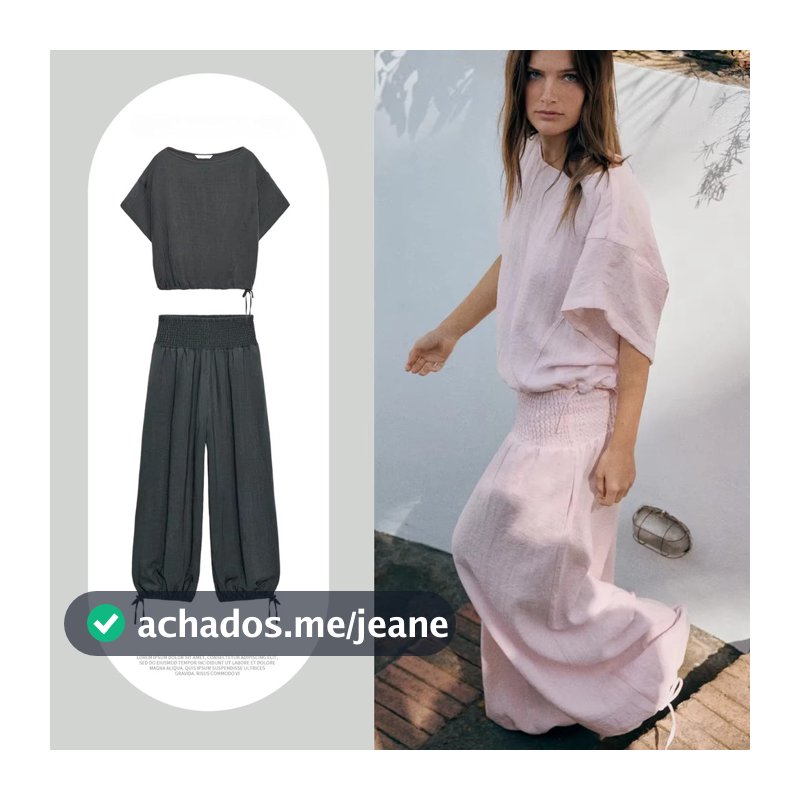 Conjunto Elegante De Camisa Solta De Manga Curta Com Gola Redonda E Calças Perna Lanterna 202609-2