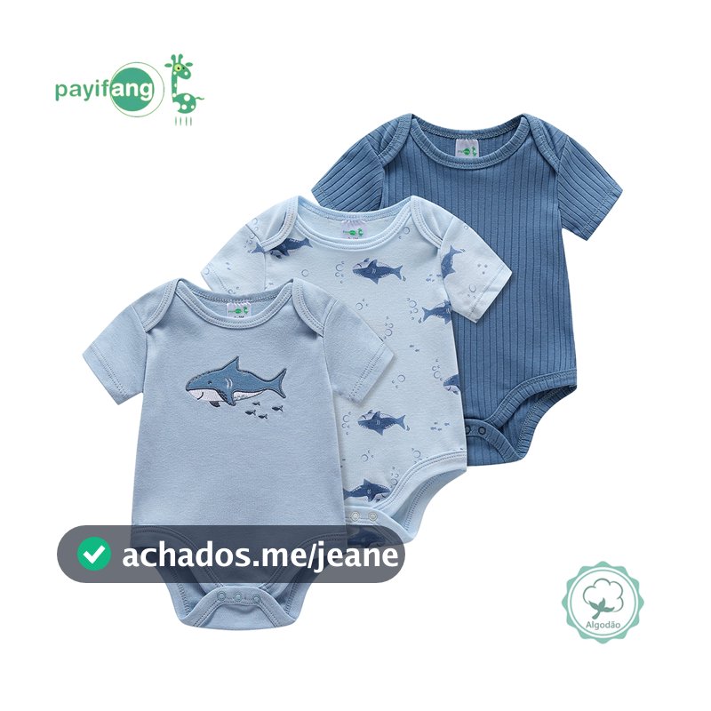 Kit 3 Body de Bebê Manga Curta 60% Algodão 40% Poliéster Tubarão Macio Uso Diário TM-3110