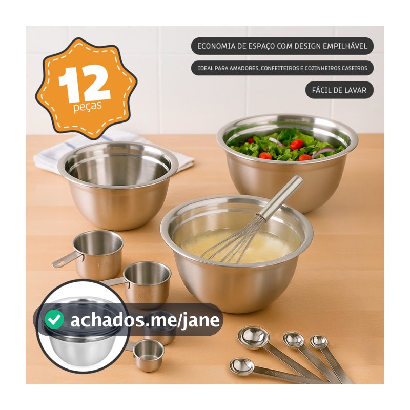 Conjunto 12 Peças em Inox com Tigelas, Copos, Colheres Medidoras e Fouet