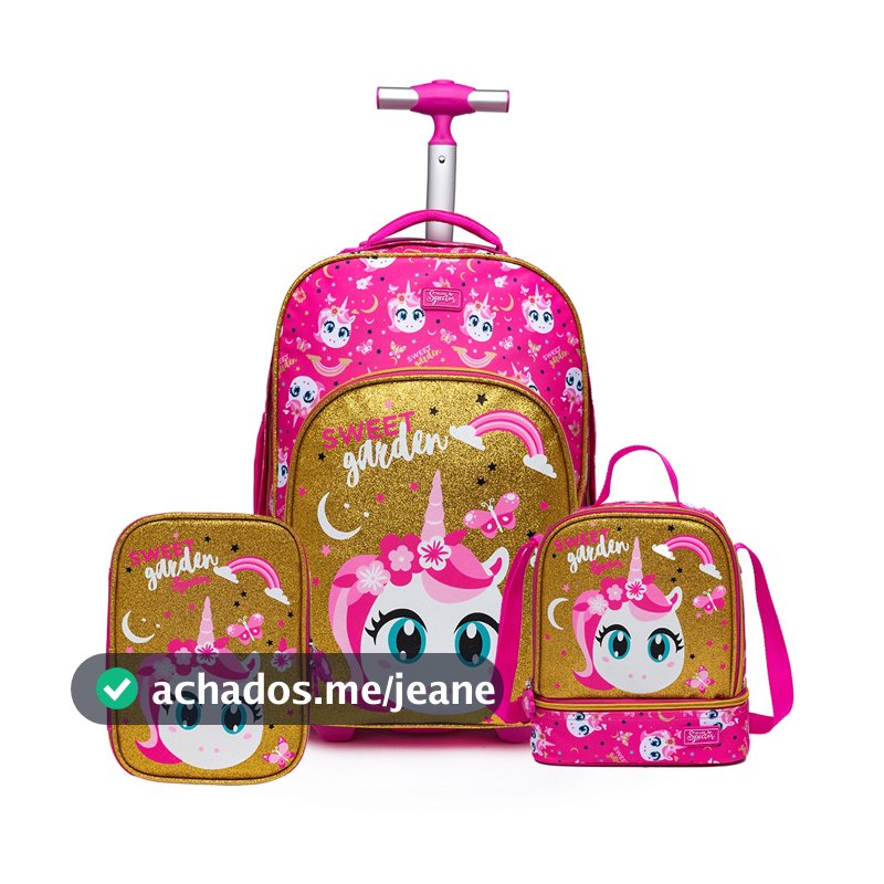 Kit Mochila Spector Infantil Rodinhas Estojo Grande Espaçoso Lancheira Térmica Unicórnio 32L