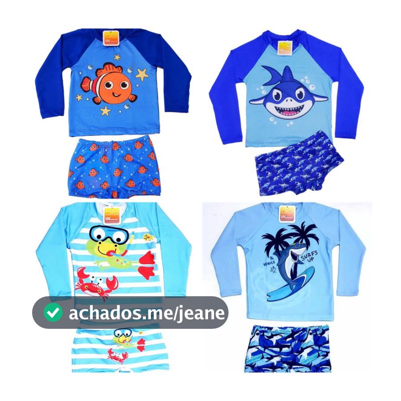 Conjunto Bebe menino proteção UV 50+ camiseta e sunga de 3 meses a 24 meses Tubarão Praia Piscina Natação