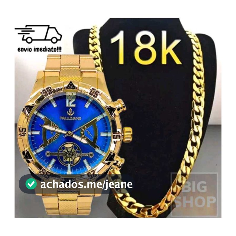 Relógio masculino Dourado aço inox de pulso + corrente aço inoxidável Metal RN0002
