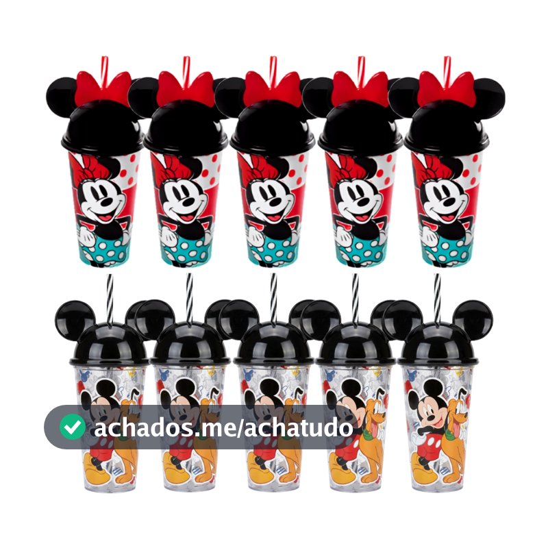 Kit Festa Lembrancinha Copo Canudo Orelinha Minnie e Mickey 500 mL Plasútil Estampas Variadas