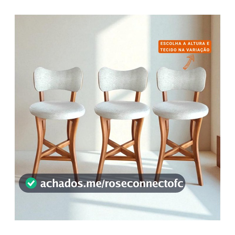 Banqueta com Encosto Linho Bege 3 unidades Conforto Beleza Madeira Maciça Estofado Premium