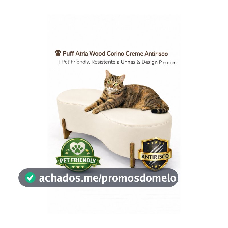 🐾 Puff Atria Wood 1,10m Corino Creme Antirrisco | Pet Friendly, Design Orgânico & Conforto Premium