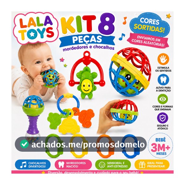 Kit 8 peças Mordedor para Bebe Sensorial Macio com Chocalho