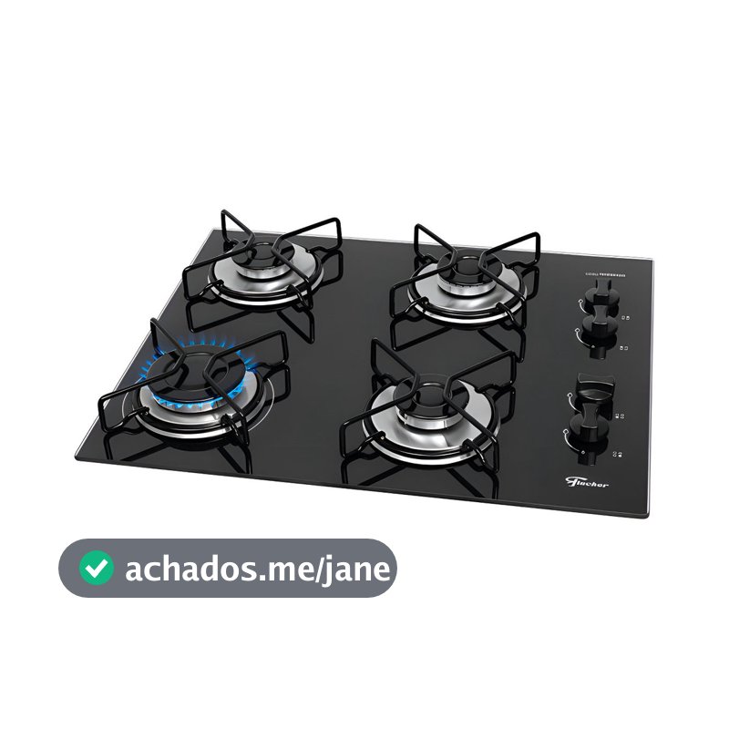 Fogão Cooktop Fischer 4Q Gas Fit Line Trempe Esmaltada Aramado Mesa Vidro Preto Bivolt