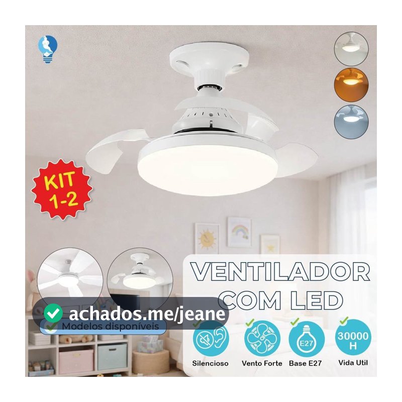Ventilador de Teto Retrátil Lâmpada 3 Cores Silencioso 60W ou 100W Pás Design Sofisticado Bivolt