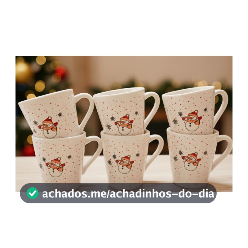 Kit 6 Xícaras Café 120ml Branca Chá Decorada Natal Boneco de Neve Flocos de Neve