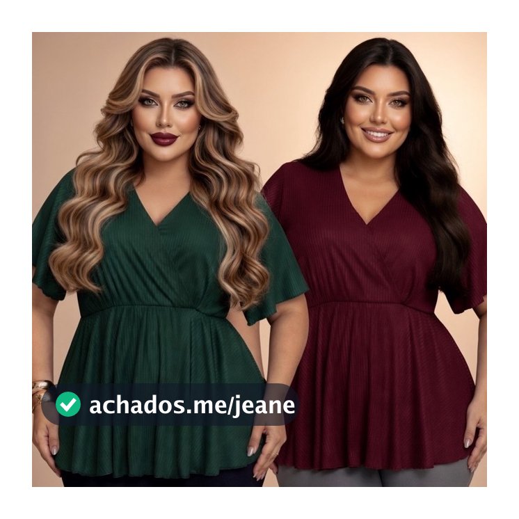 Kit 2 Blusa Plus Size Feminina Elegante Decote V  Manga Curta Peplum Plus Size Transpassada GG G1 G2