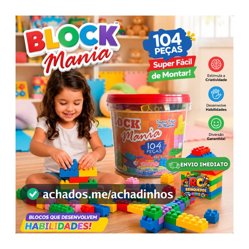 Balde Blocos de Montar 104 Peças Brinquedo Infantil Educativo Desenvolve Coordenação Motora Presente Dia Das Crianças