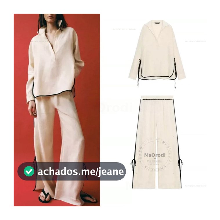 Camisa de bainha assimétrica com lapela de manga comprida4043010 Calças largas com acabamento contrastante na cintura mé