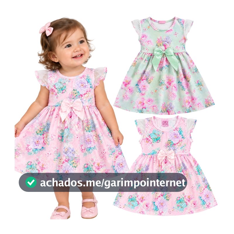 Vestido Infantil Menina Floral com Laço na Cintura e Manga de Tule Tamanho 1-2-3 | Vestido Bebe | Roupa Infantil Menina