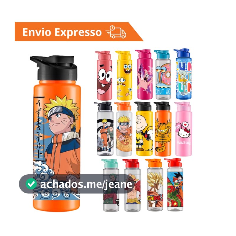 Garrafinha De Agua Squeeze infantil 750ml De Plástico Personalizado Diversos Naruto DBZ Bob Esponja