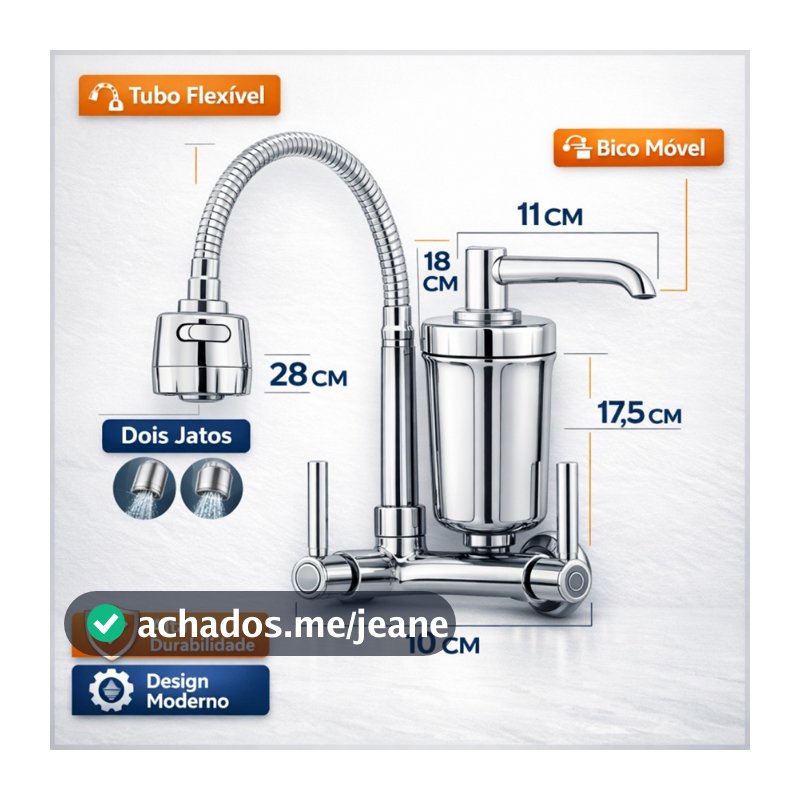 Torneira Filtro de Parede Gourmet Cozinha Flexível Jato Duplo Cromada 1/4 de volta Lux