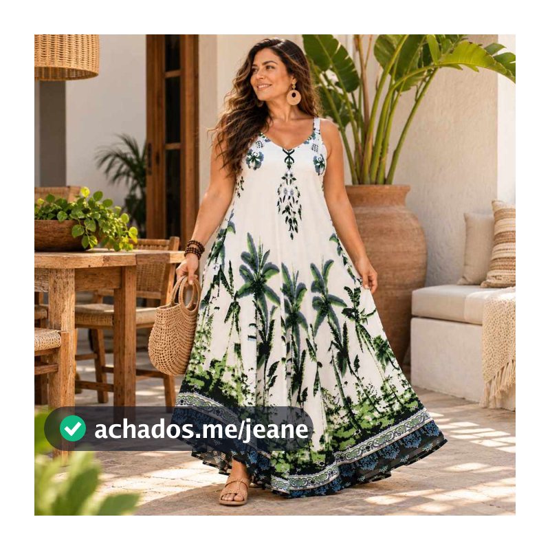 Vestido Longo Trapézio Alça Feminino Indiano com Bolso Plus Size