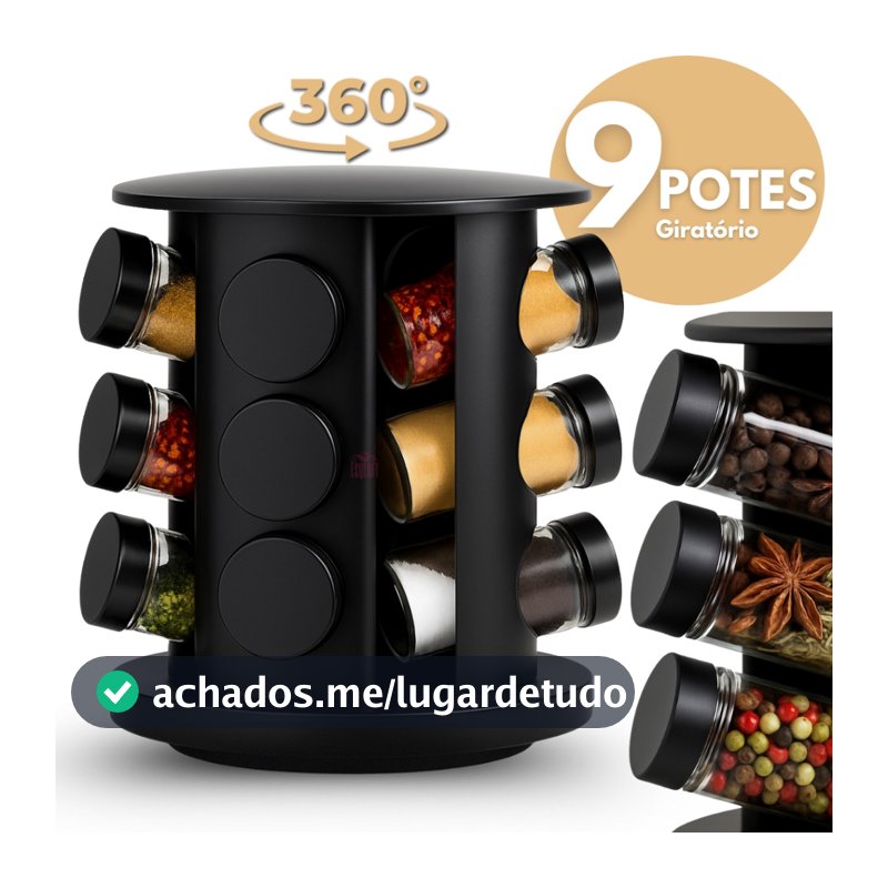 Porta Temperos Profissional Giratório 9 Potes Vidro PROMOÇÃO com Tampa Dosadora Condimentos