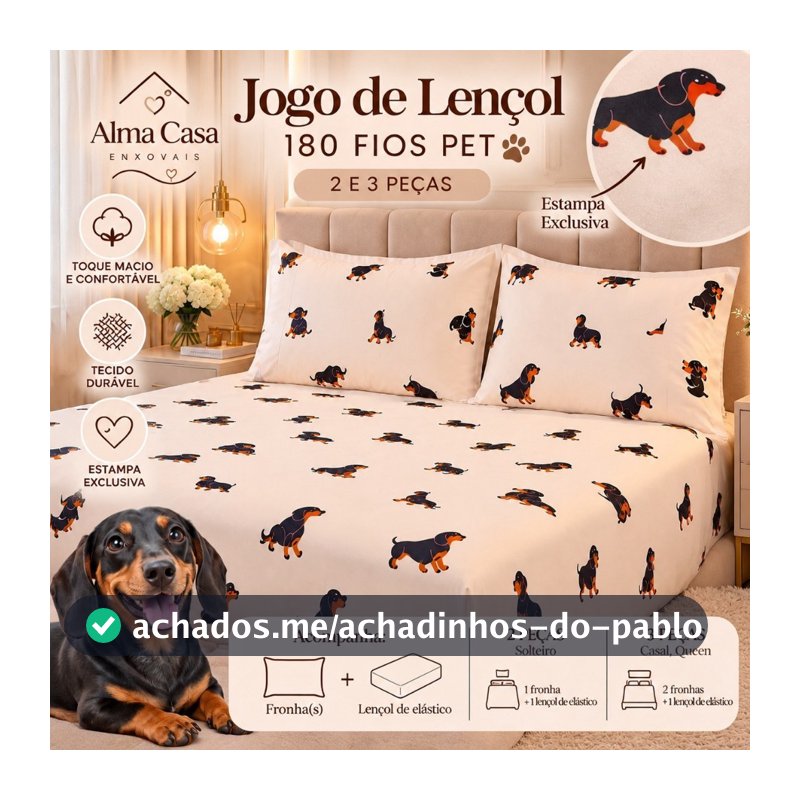 Jogo de Lençol 2 e 3 Peças Estampado Cachorro Salsicha Solteiro Casal Queen