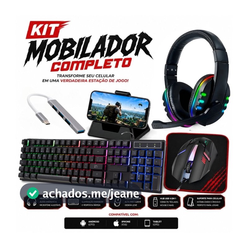 Kit Mobilador Gamer Completo Com Mouse Teclado Led Rgb Fone Headset Usb Tipo C Free Fire