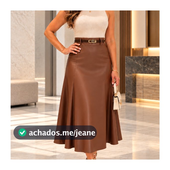 Saia Midi Evasê Godê Feminina Couro Fake Cintura Alta Elegante Moda Evangélica