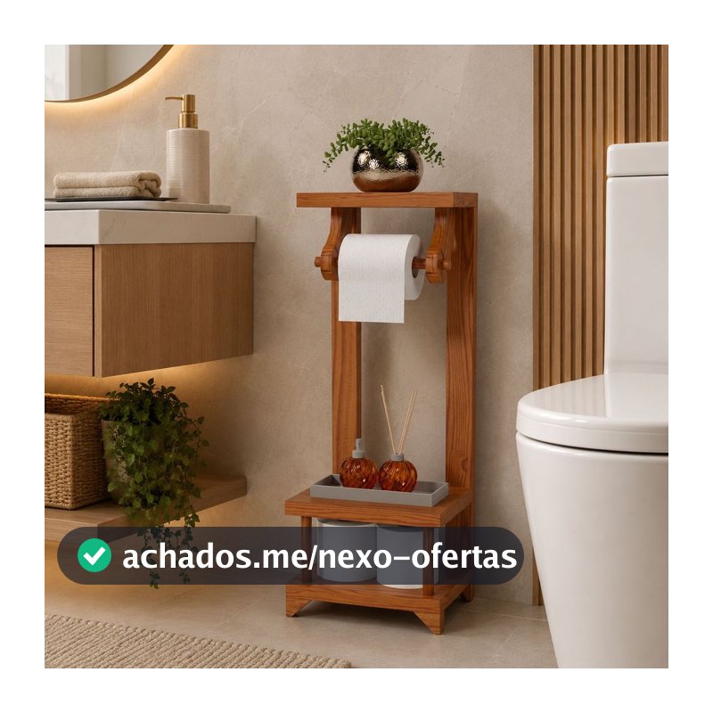 Suporte Porta Papel Higiênico de Chão com Organizador em Madeira