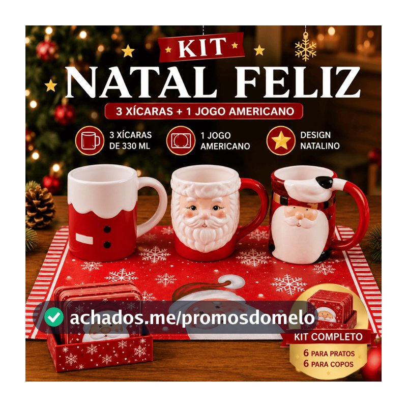 Kit Natalino Canecas 330ml + Jogo Americano + Porta-Copos Natal Festa Presente