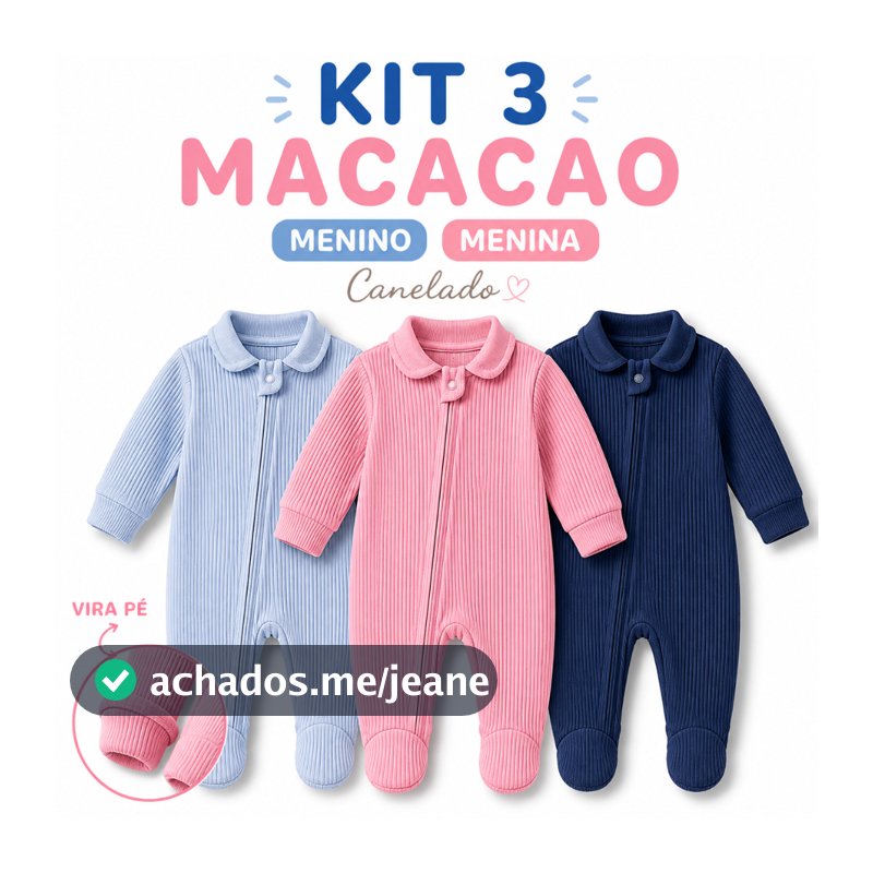 Kit 3 Macacão Manga Longa Canelado Para Bebê C/Zíper Tecido 100% Algodão RN P M G