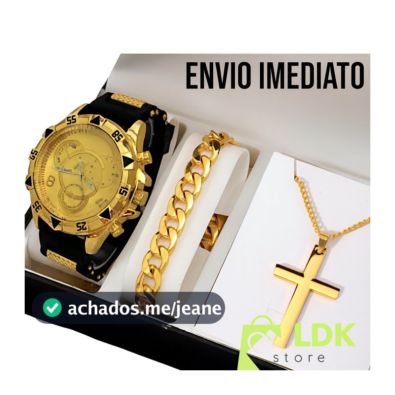 Kit Relogio Masculino Banhado Original + Colar com Cruz + Pulseira Premium