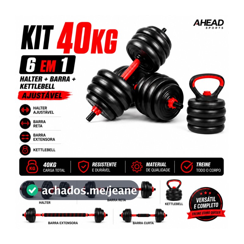 Kit Halteres Ajustável Ahead Sports - 6 em 1 - Barra Anilha e Kettlebell Musculação