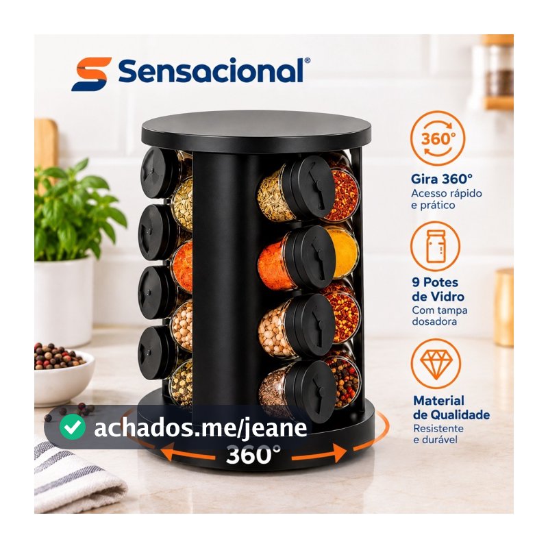 Porta Temperos Profissional Giratório 360° 9 Potes Vidro Tampa Dosadora Condimentos Organizador Cozinha Sensacional