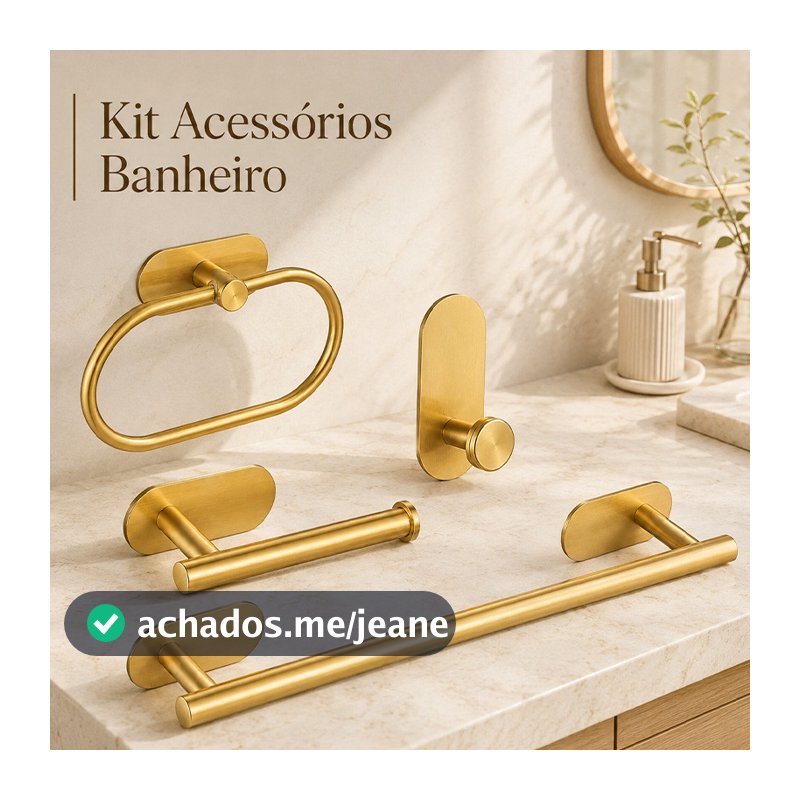 Kit 4 Peças Aço Inox Banheiro Dourado Prata Autoadesivo Sem Furação Toalheiros Gancho Papeleira