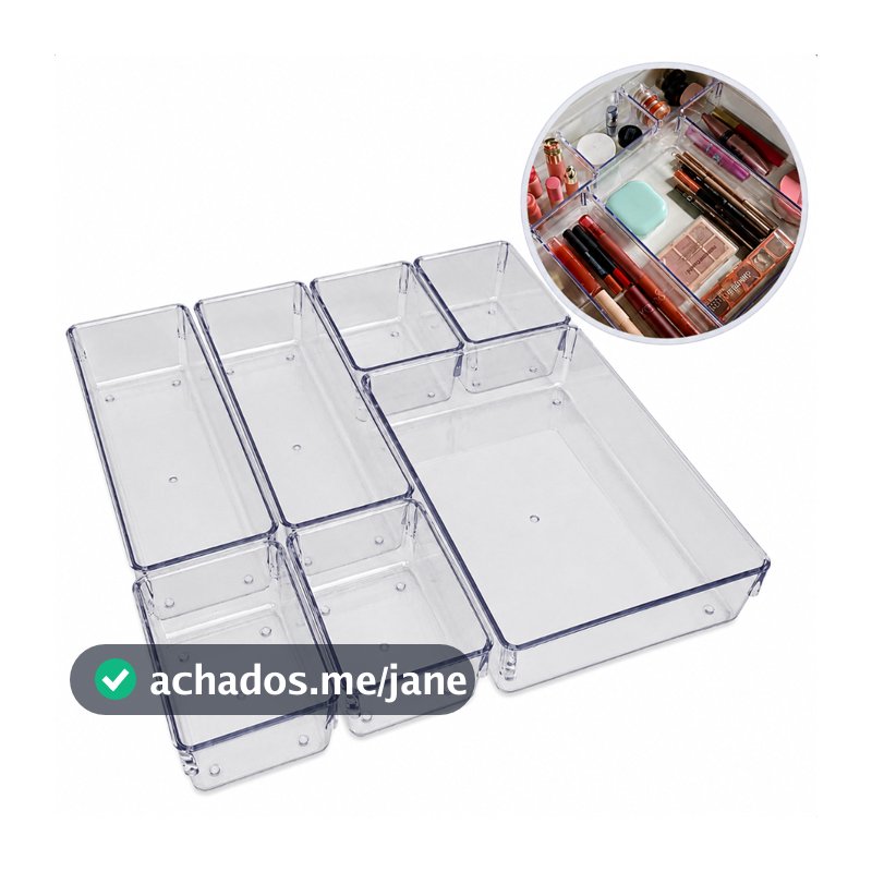 Kit 7 Organizadores Modulares Multiuso para Gavetas, Armários e Geladeira Acrílico - Cristal e Fumê