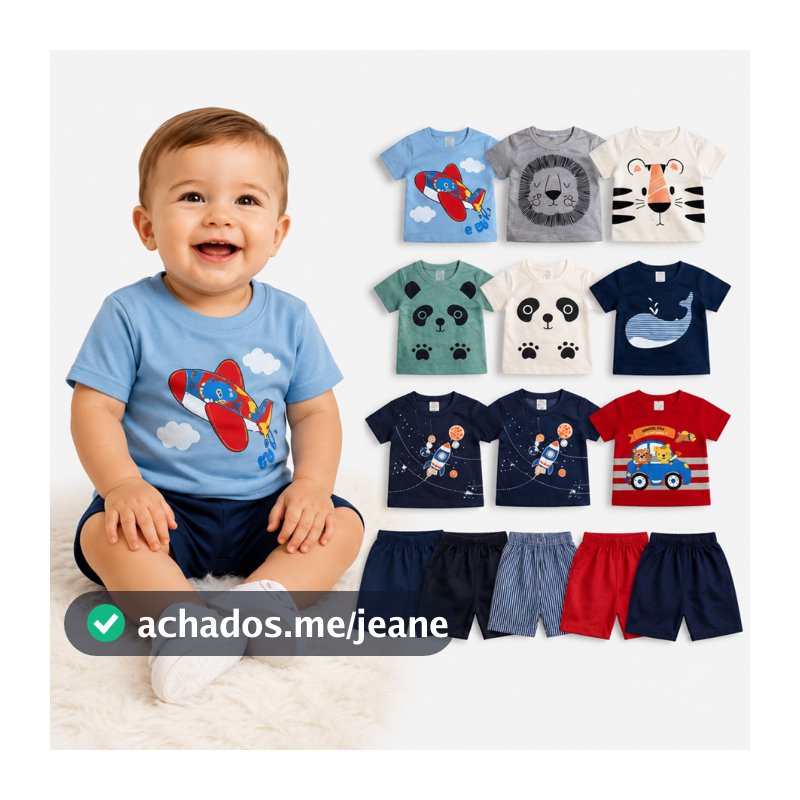 Kit 6 Peças Conjunto Bebê Menino Infantil Estampas Divertidas Verão 3 Camisas 3 Bermudas Algodão