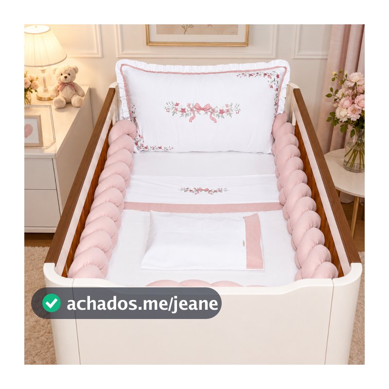 Kit Berço americano menina floral minimalista laço  rose luxo bordado com trança