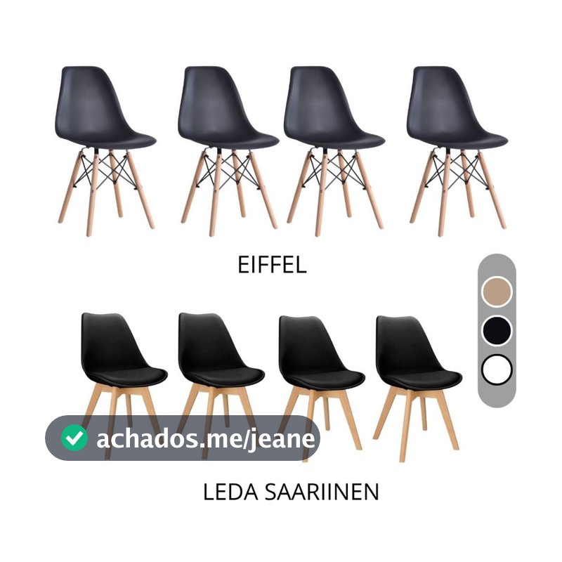 Kit 4 Cadeiras Eames Leda Eiffel Estofada e Sem Estofado Com Base de Madeira Jantar Charles Eames Saarinen