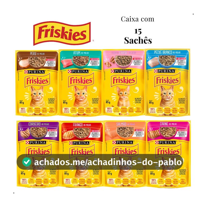 Kit 15 unid Sachê Friskies Alimento Úmido Gatos Carne Frango Atum Peixe Branco Cordeiro Salmão Peru