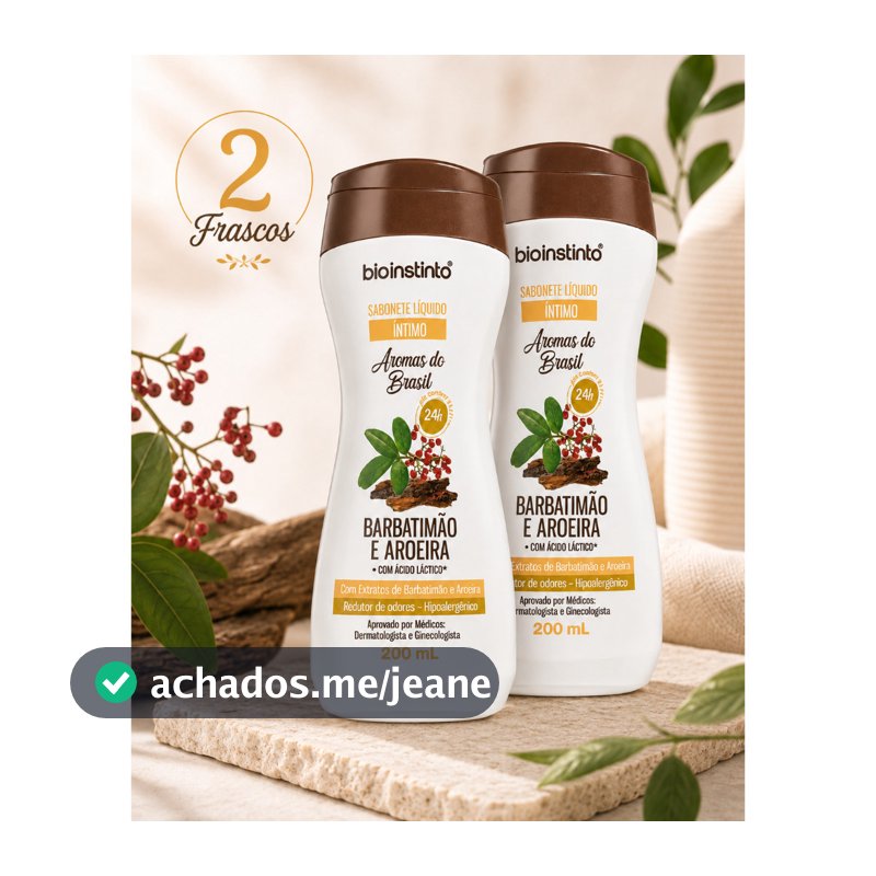 Kit 2 Frascos Sabonete Íntimo Líquido Barbatimão e Aroeira com Ácido Láctico 200ml Redutor de Odores Bio Instinto