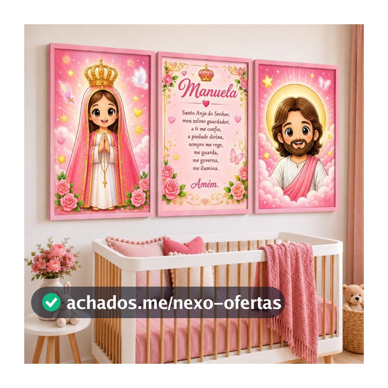 Kit 3 Quadros Decorativos Infantil Menina Religioso Nossa Senhora Jesus Santo Anjo com Oração Personalizado com Nome
