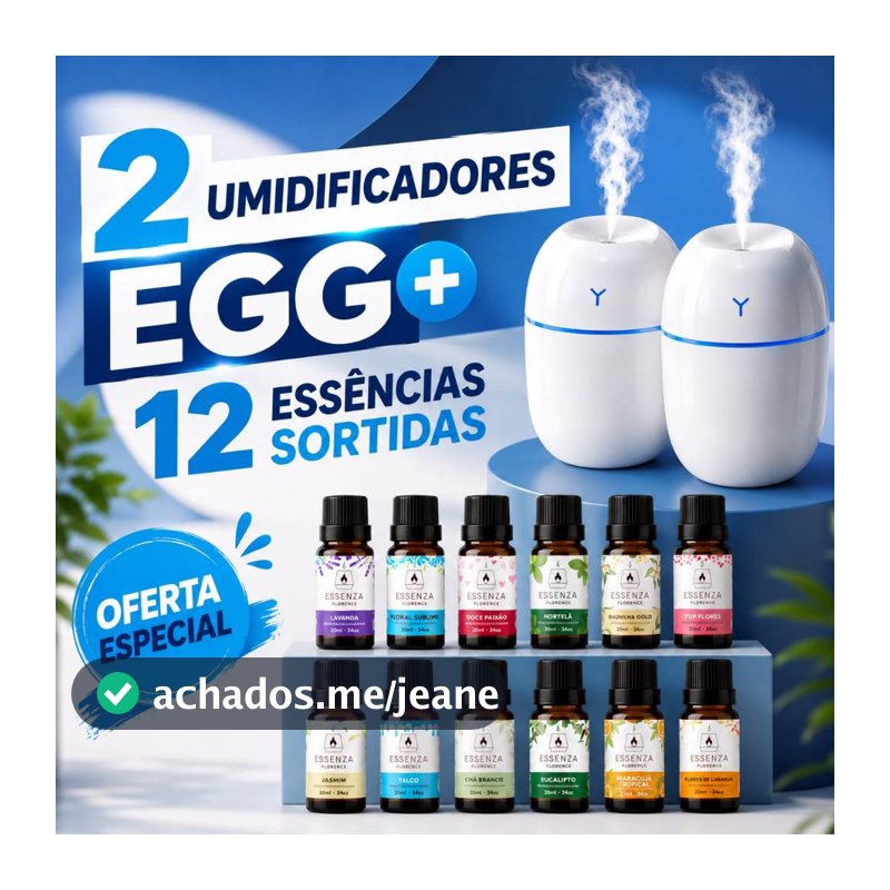 Kit Umidificador + Essências de 20ml Hidrossolúvel | Formato Egg | Difusor e Aromatizante