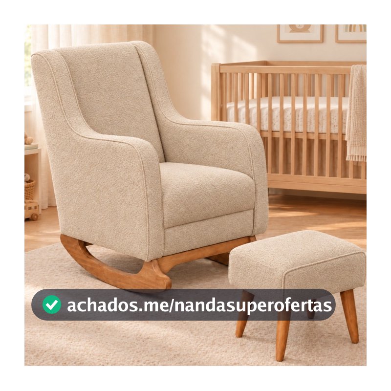 Poltrona de Amamentação decorativa em Bouclé com Puff para Quarto de Bebê