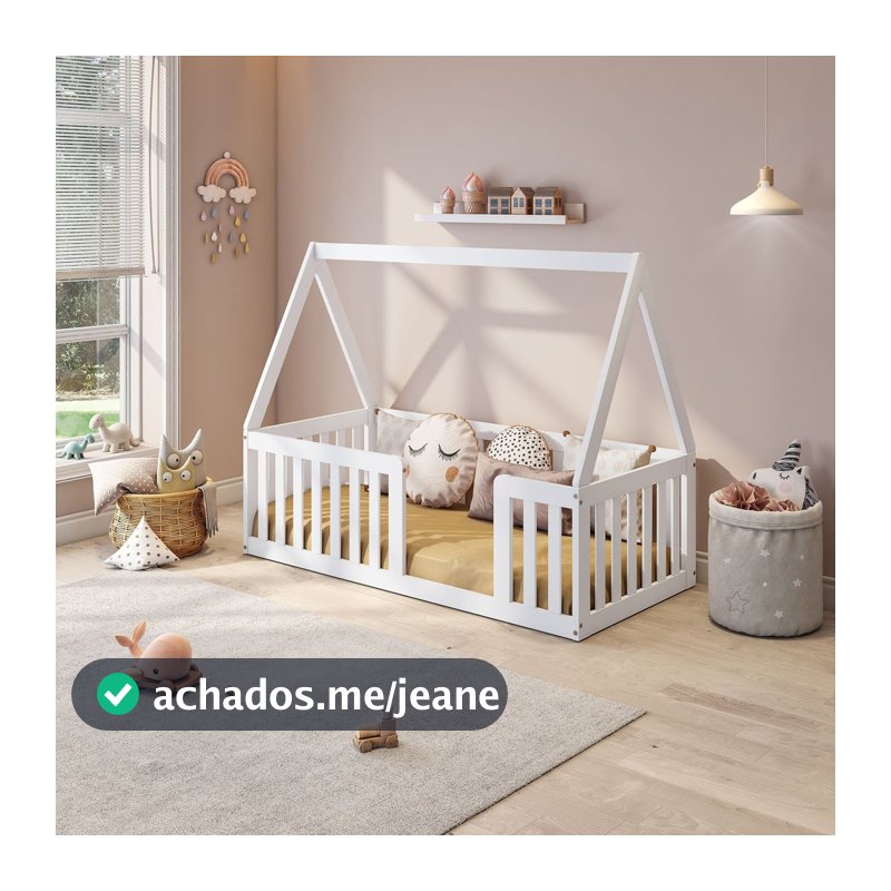 Mini Cama Montessoriana com Grade e Telhado Giulia Casatema MadeiraOriginals Branco Branco
