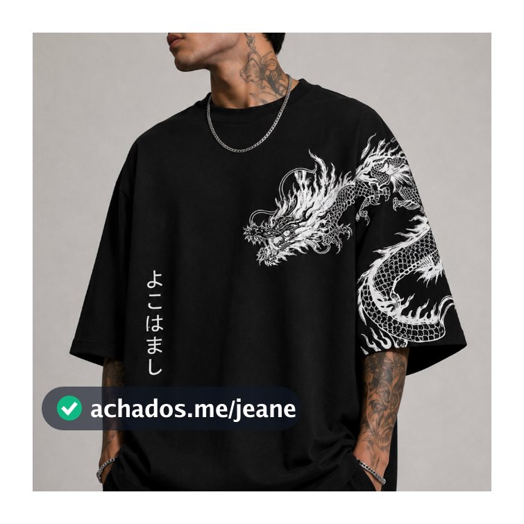 Camiseta Oversized Dragão Streetwear Camisa Masculina 100% Algodão Blusa Japonesa Skatista